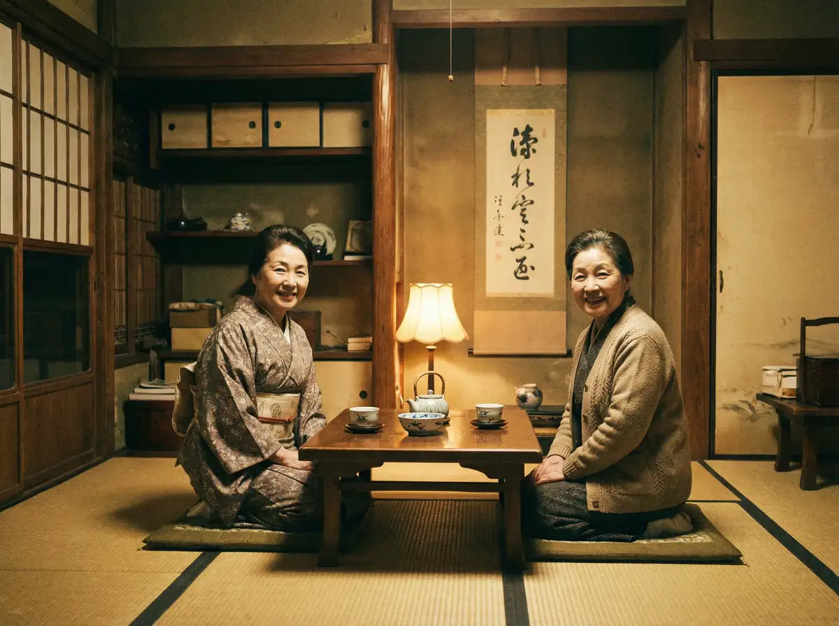 两位优雅的 黄瓜视频 在日式茶室中品茶交谈